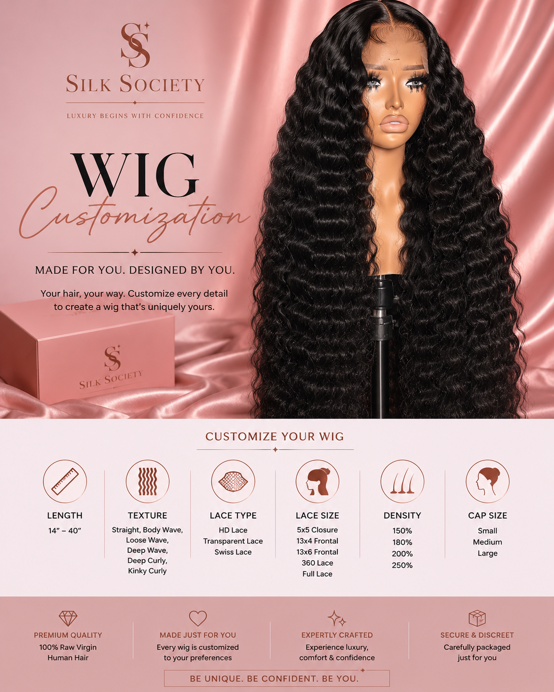 Silk Society wig customization — extra long deep wave lace wig on blush satin with branded gift box