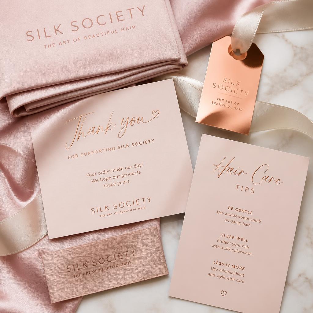 Silk Society thank-you card, care card, woven label and satin bag in blush and rose gold